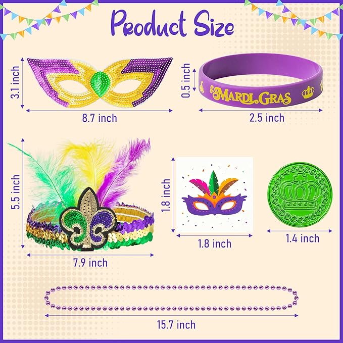 WATINC 186pcs Mardi Gras Party Favors Set, Mardi Gras Masks Headbands Coins Tattoo Stickers Silicone Bracelets Necklaces Beads Assorted for Masquerade Parade Carnival Costume Party Decorations