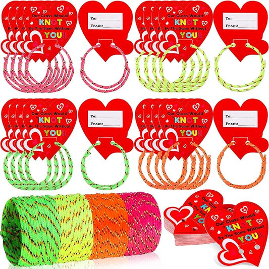 Sratte 50 Pcs Valentine's Day Neon Friendship Bracelets Bulk with 50 Pcs Heart Card for Valentine's Gifts Birthday Goodie Bag Stuffers(Paper,Slap Bracelets)
