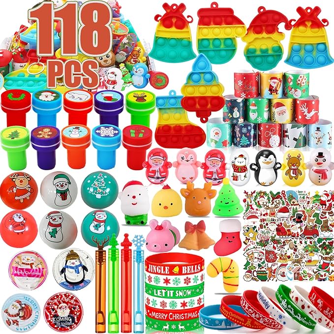 118 Pcs Christmas Party Favors for Kids,Fidget Treasure Box Toys for Classroom Prizes,Pinata Filler,Goodie Bag Stuffers,Treasure Chest,Stocking Stuffers,Prize Box Bulk Mini Toys for Boys Girls