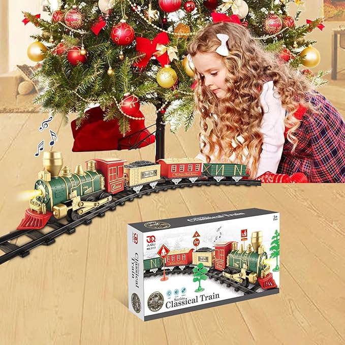JUQU Train Set-Electric Train Sets for Boys Toddlers Classical Train Toys,Battery-Powered Locomotive Engine with Sound and Lights, 3 Cars &10 Tracks, Christmas Toy Train for Age 3 4 5 6 Years Old Kids