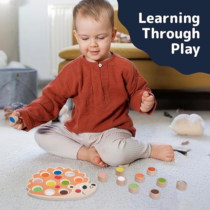 PREXTEX Sensory Hedgehog Toys for Toddlers - Montessori Color Sorting Toys - Includes 1 Wooden Board and 10 Colored Sensory Blocks - for Ages 12 Months and Up - Educational Toy - 1.5x12.9x10.7 in