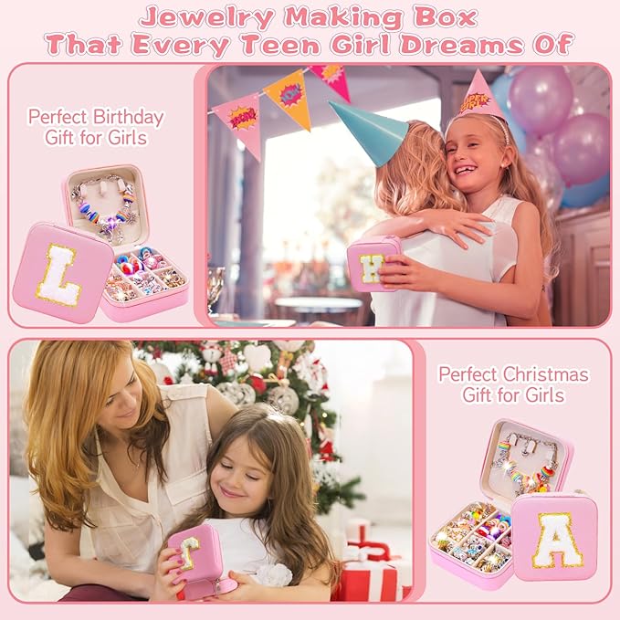 SUREHOME Charm Bracelet Making Kit for Girls 8-12, Art & Crafts for Ages 6-8 Kids Jewelry Making Kit with Initial Box Perfect Personalized Gifts 7+ 9 10 11 Year Old Girls Birthday Christmas Stuff - A