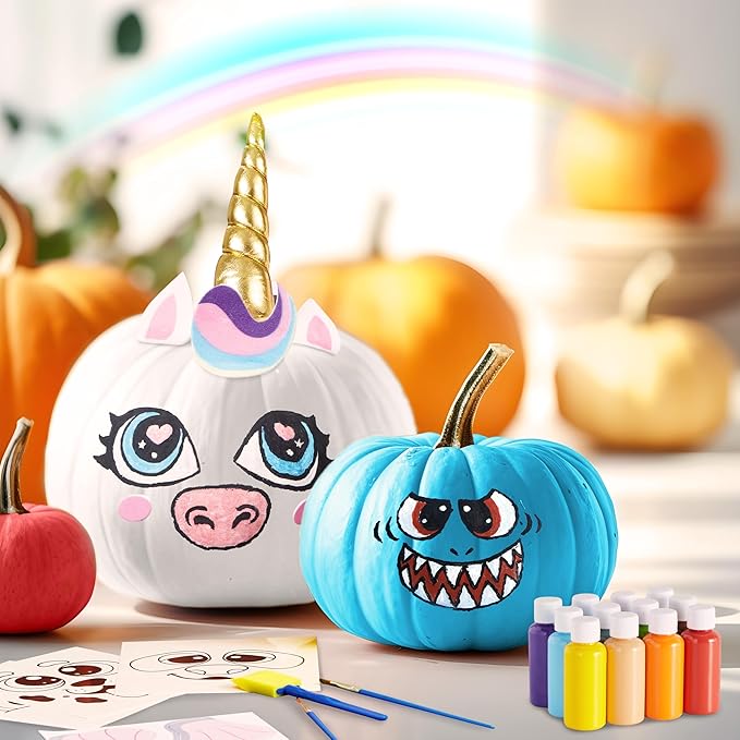 Klever Kits Halloween Pumpkin Decorating Kit, Halloween Party Supplies Arts Crafts, Party Favor for Kids, DIY Pumpkin Painting Kit with 10 Animal Designs, Coloring Craft Games Classroom Activities