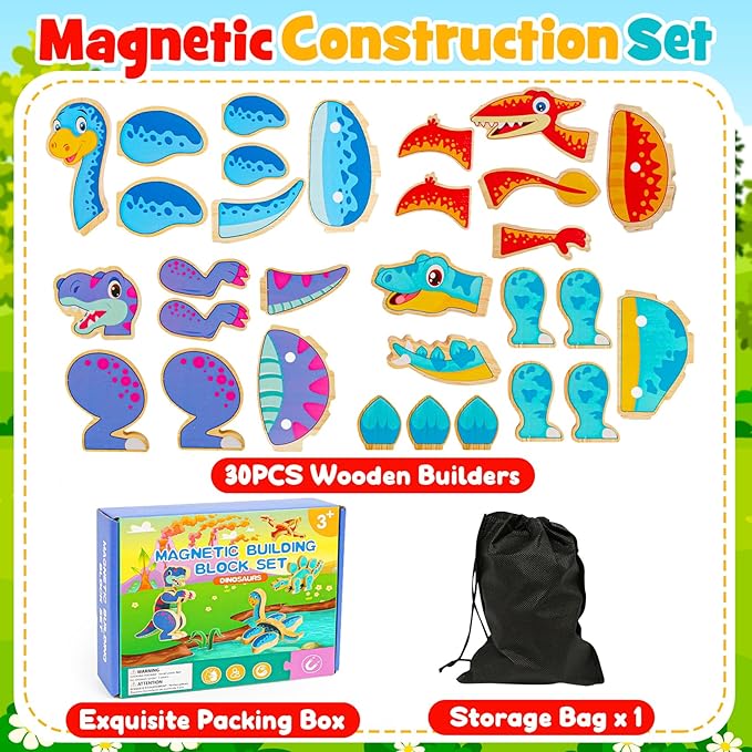 Dinosaur Toys for Kids 3-5,Wooden Magnetic Dino Take Apart Building Blocks Toys for Fine Motor Skills & Creative Play,Easter Basket Stuffers Gifts for Toddler Boys Girls