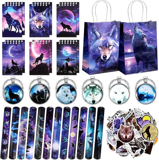 Abbylike 48 Pcs Wolf Party Favors Wolf Party Decor Wolf Birthday Party Supply Wolf Paper Bag Gift Wolf Mini Notebook Wolf Keychain Wolf Slap Bracelet Wolf Sticker for Wolf Party Baby Shower Holiday