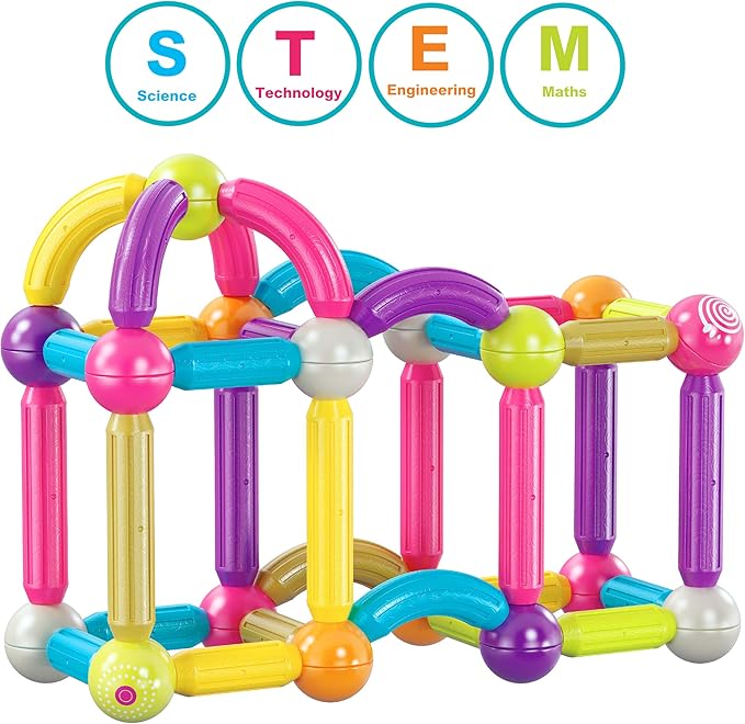 Contixo ST2 Kids Magnetic Stix Stick 68 PCs 3D Building Blocks STEM Construction Playboards Creativity, Imagination, Recreational, Educational for Children Toddler, 3+ Year Old Boys and Girls