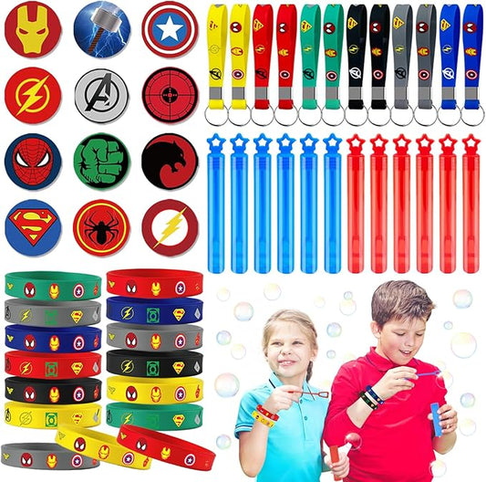 Superhero Party Favors Supplies 12 Bubble Wands 12 Keychain 12 Bracelets 12 Button Pins 50 Stickers Toys for Kids Boys Themed Party Favors Birthday Decorations