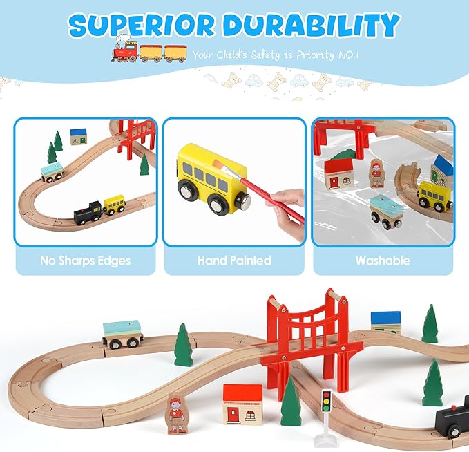 39 Pcs Wooden Train Tracks Set for Toddler, Wooden Toy with Magnetic Trains, Railway Set Christmas Toys, Compatible with All Major Brands for Girls & Boys 3-7 Years Old