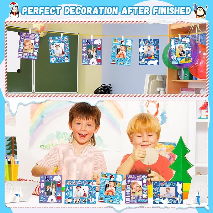 Qyeahkj 48 Pack Winter Craft for Kids Winter Picture Frame with Easel DIY Paper Arts Crafts Kit with Stand Christmas Holiday Xmas Photo Frames Bulks Game Activity for Kindergarten Preschool Boys Girls