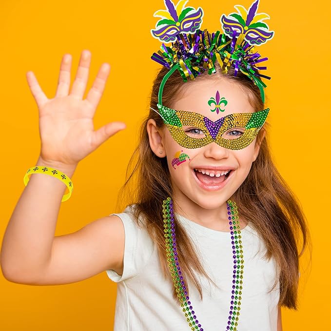 Winlyn 128 Pcs Mardi Gras Accessories Set Bulk Party Favors Supplies Mardi Gras Beads Necklaces Coins Head Boppers Bracelets Tattoos Purple Green Gold for Mardi Gras Masquerade Parade Décor