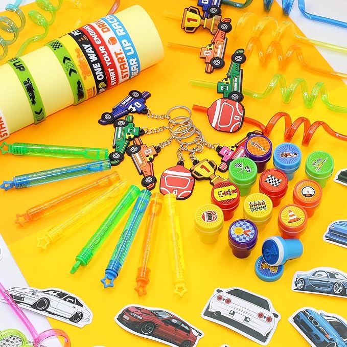 110 PCS Race Car Party Favors Birthday Supplies with Drinking Straws, Silicone Bracelets, Bubble Wands, Keychains, and Racing Car Pinata for Boys Goodie Bag Stuffers