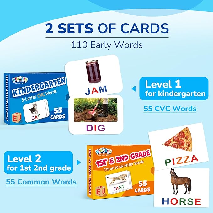 BenBen Spelling Games with 110 Flash Cards, Montessori Toys for 3 4 5 6 Years Old Kids, Wooden Matching Letters Toys, CVC Word Educational Learning Toys, Gift for Preschool Kindergarten