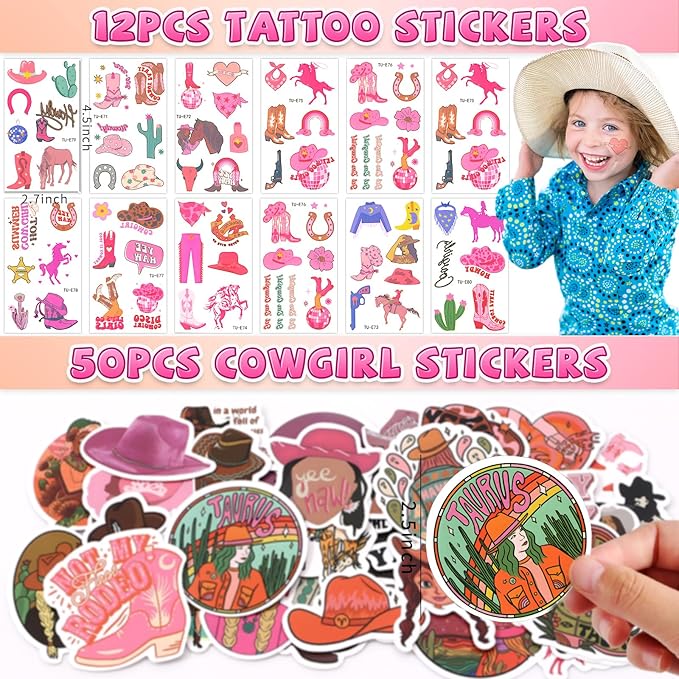 110Pcs Cowgirl Party Favors Hot Pink Princess Birthday Supplies for Girls, Cowgirl Straws Necklace Bubble Wands Silicone Bracelet Western Tattoo Stickers Rodeo Hot Pink Horse Party Favors