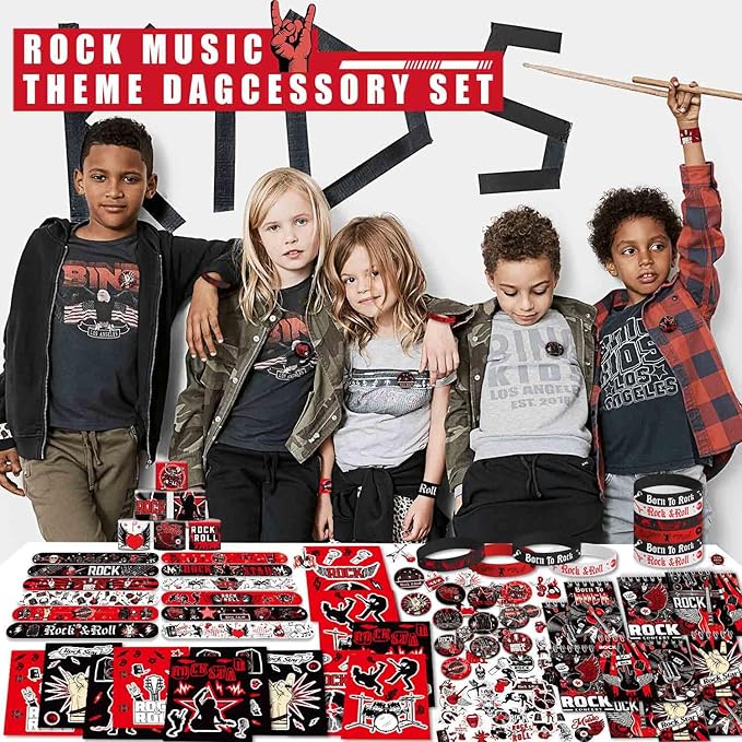 Rock and Roll Party Decorations Favors , Including Gift Bags , Stickers Badge Slap Bracelets Silicone Wristbands DIY Stickers , for Rock Music Theme Party Supplies