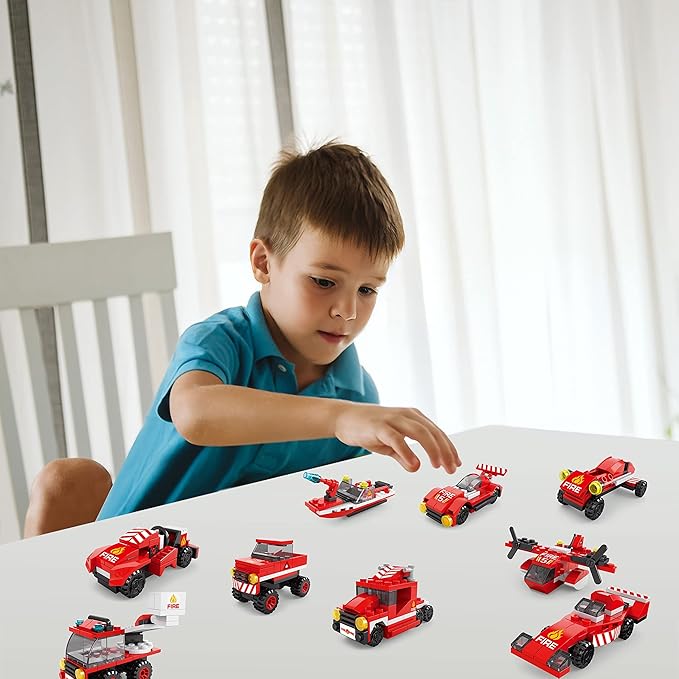 FUN LITTLE TOYS 12 Boxes Fire Rescue Vehicles Mini Building Blocks Party Favors for Kids 8-12, Car Building Kit, 3D Assembly Cars for Easter Eggs Empty, Kids Prizes in Bulk for School
