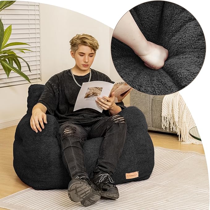 Bean Bag Chair with Filler, Bean Bag Sofa with Tufted Soft Stuffed Filling, Fluffy and Lazy Sofa, Comfy Cozy BeanBag Chairs with Memory Foam for Dorm, Apartment, Living Room (Black)