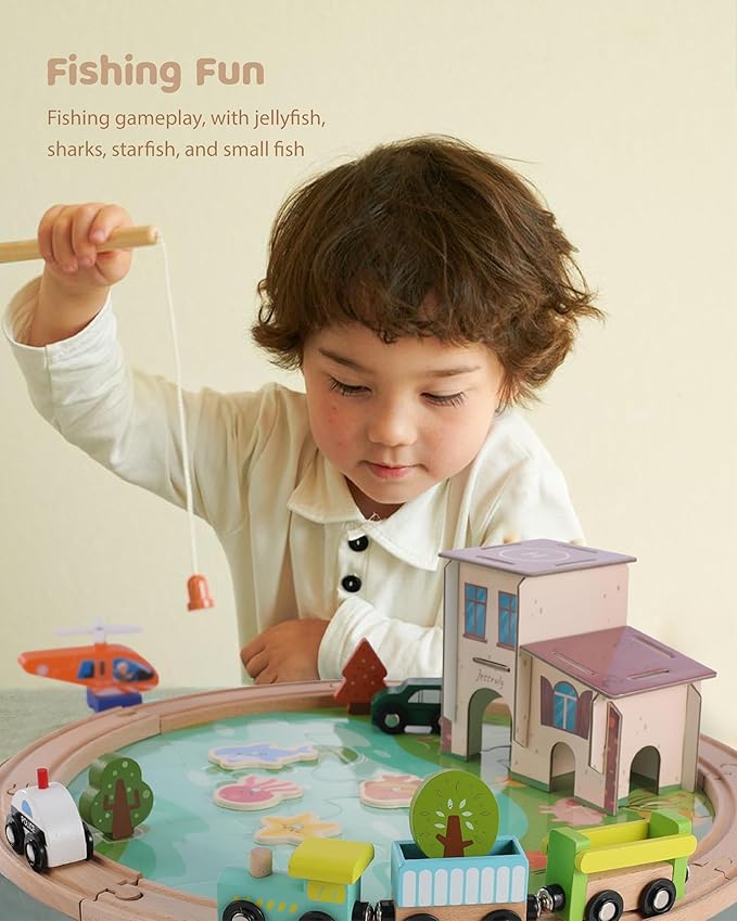 Wooden Train Track Set - 48-Piece Toy Train Tracks Compatible with Thomas, Brio, Melissa & Doug - Includes Fishing and Puzzles for Toddlers 3-8 - Educational for Fun Playtime