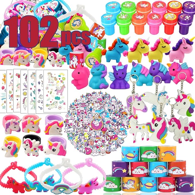 102Pcs Unicorns Party Favors for Kids Girls 3-4-8-12, Birthday Gift, Small Bulk Toys Treasure Box Toys for Classroom Reward Carnival Prizes, Easter Goodie Bag Stuffers Pinata Fillers