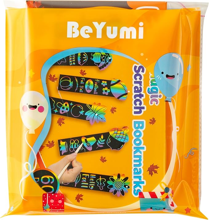 BeYumi 60Pcs Fall Harvest Scratch Bookmarks for Kids DIY Hello Fall Autumn Leaves Pumpkin Turkey Magic Art Rainbow Color Paper Craft Kit School Classroom Activity Art Project Thanksgiving Party Favors