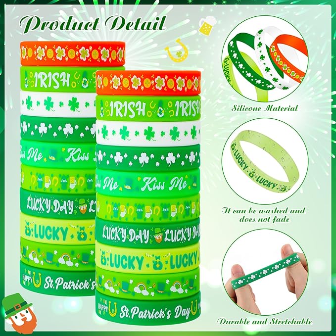 Wettarn 100 Pcs St. Patrick's Day Rubber Wristbands St. Patricks Day Silicone Bracelet Shamrock St Patricks Day Bracelets Green Rubber for St. Patrick's Day Party Favors Supplies School Gift Supplies