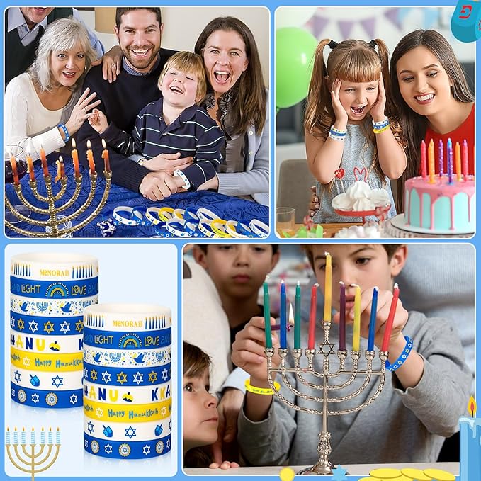 JUNEBRUSHS 24Pcs Hanukkah Silicone Rubber Wristbands Bracelets for Hanukkah Decorations Party Favors Jewish Holiday Kids Goodie Bag Fillers Supplies(8 Designs)