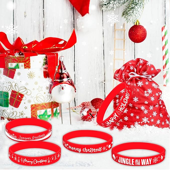 Morcheiong 42 Pieces Christmas Rubber Bracelets 7 Classic Design Silicone Wristbands for Merry Xmas Party Favors (Red)
