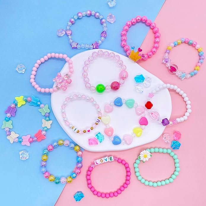 12 PCS Kids Bracelets for Girls Jewelry Little Girl Beaded Bracelets Flower Butterfly LOVE Letter Pink Princess Pretend Play Easter Christmas Birthday Gift