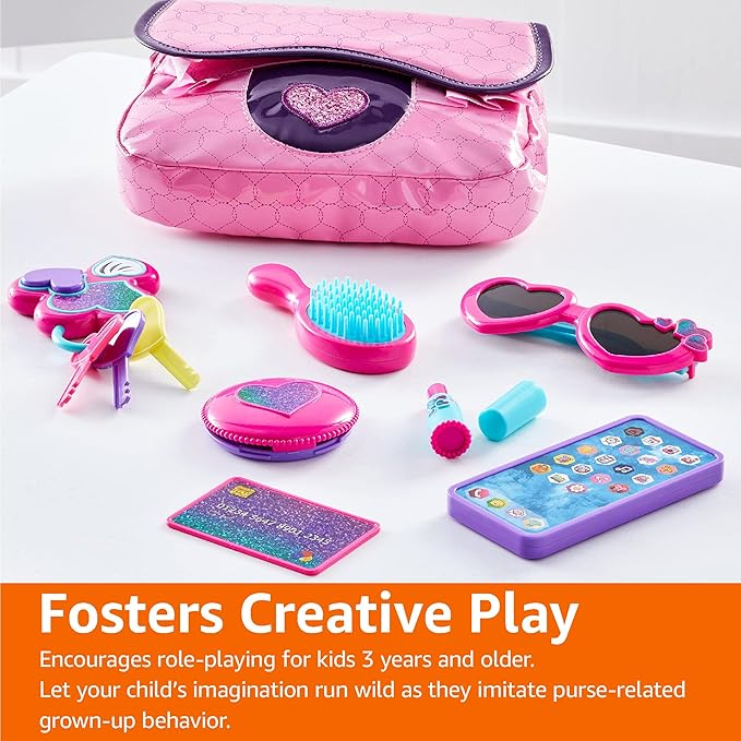 Amazon Basics 8-Piece Pretend Play Purse Toy with Accessories for Girls Ages 3 and Up, Kids Toy Handbag Gift Set Including Smartphone, Sunglasses, Pretend Makeup Kit, Keys and Credit Card, Pink