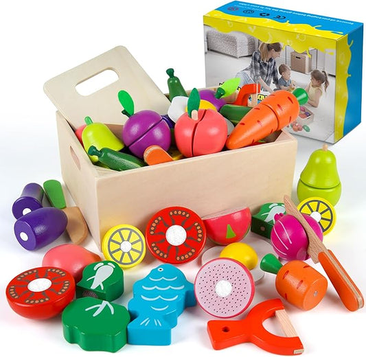 Wooden Play Food for Kids Kitchen, 32PCS Pretend Cutting Fruits Vegetables Food Play Toy Sets, Early Education Montessori Kids Toys, for Toddlers and Kids Ages 3+