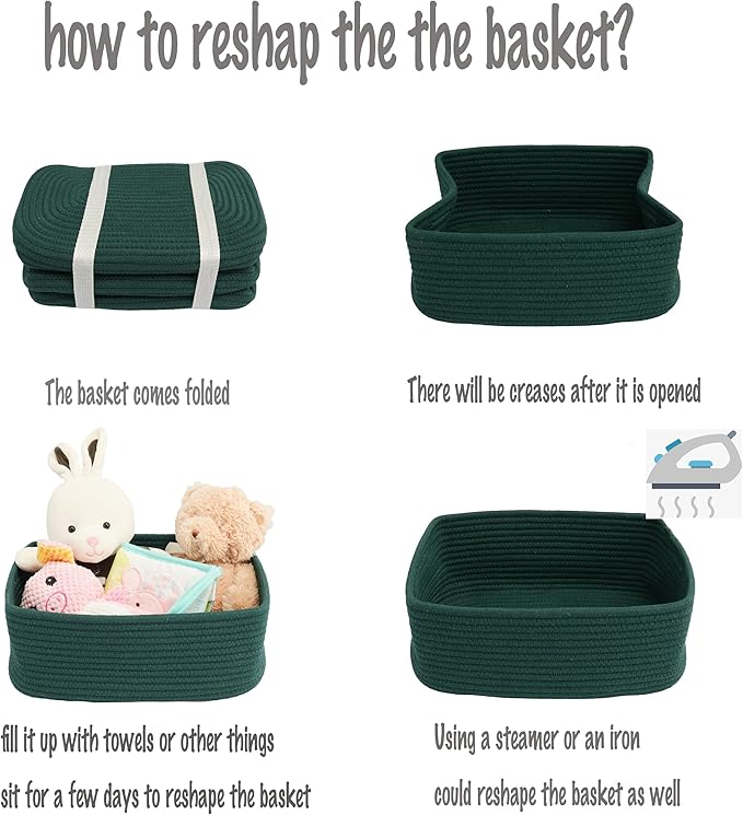 XUANGUO Small Woven Storage Baskets 12“X8”X5“ Decorative Rope Bins for Organizing Shelves, Closets, and Toys, Empty Gift Baskets, Cute Organizer Basket for Home and Office (dark green, regular)