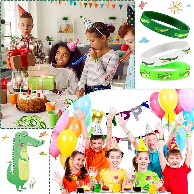 30 Pack Reptile Party Supplies Crocodile Silicone Wristbands Reptile Party Favors Crocodile Party Favors Bracelet Gifts Bag Stuffer for Reptile Crocodile Themed Birthday Party Supplies (Crocodile)