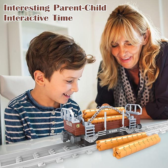 Finger Rock City Freight Train Car Building Toy Sets, Classic Wooden Carriage Cargo Train Model, 150 Pcs MOC Construction Toys for Train Lovers,STEM Gifts for Boys Girls 6 7 8+