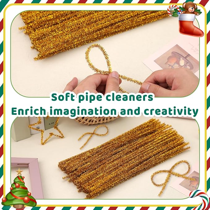 Hssugi Gold Pipe Cleaners, 100PCS Pipe Cleaners Craft Supplies, Glitter Golden Pipe Cleaners Bulk Fuzzy Sticks for DIY Art and Craft Projects Home Decoration