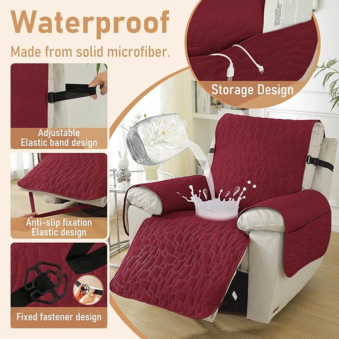 100% Waterproof Recliner Chair Covers for Reclining Chair, Small Recliner Covers That Stay in Place, Non-Slip Recliner Armchair Cover with Pockets for Kids, Pets, Dogs, Cat, Washable,Red,23IN