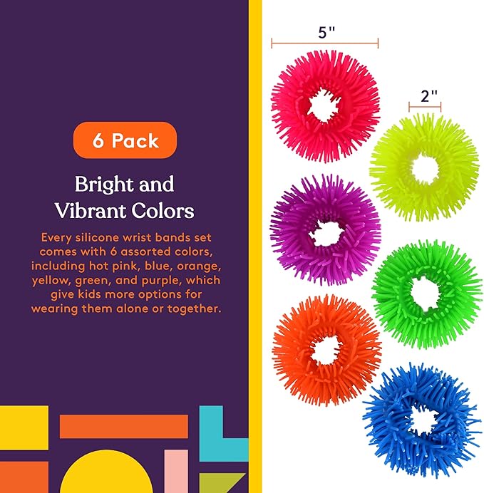 Special Supplies Squishy Fuzzy Band Bracelets for Kids, 6 Pack, Flexible and Stretchy Wearable Sensory Toys, Tactile Silicone Squiggly Touch, Bright and Colorful Wristbands