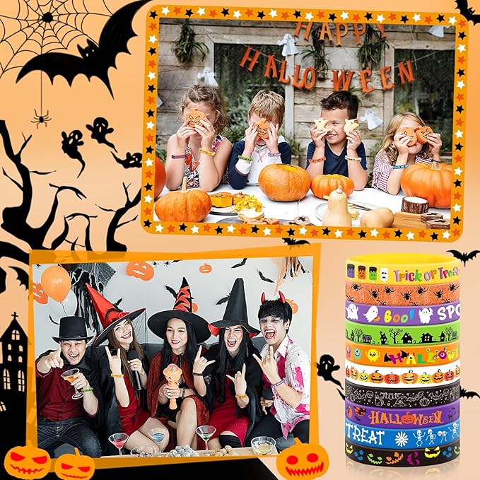 JUNEBRUSHS 120pcs Halloween Party Favors Silicone Bracelets Rubber Wristbands for Halloween Trick or Treat Party Kids Goodie Bag Stuffers Fillers Decorations Accessories Supplies(10 Designs)