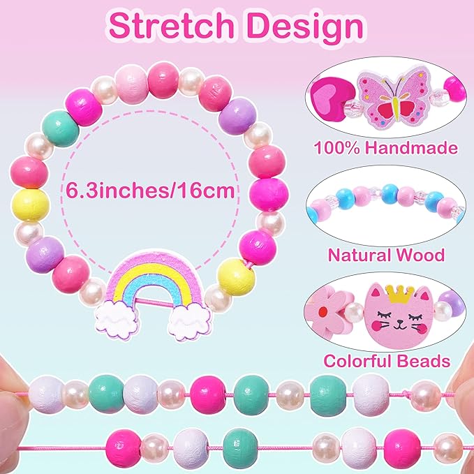 12 PCS Girls Bracelet for Kids Unicorn Mermaid Wooden Beaded Bracelets Birthday Party Favors Goodies Bag Stuffers Fillers Cute Pinata Stuffers Rainbow Butterfly Jewelry Gifts