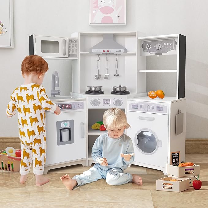 TaoHFE Corner Play Kitchen with Lights and Sounds White Kitchen Kids Toddler Kitchen Set with Washer Chalkboard Wooden Kitchen Kids Playset with Washing Machine Range Hood Girls Boys Gift for Ages 3+