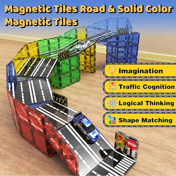 Magnetic Tiles - Road Set, Magnetic Building Blocks, Preschool Montessori Toys Gift for 3+ Year Old Boys and Girls, Sensory Travel Toys for Kids Aged 3-5 and 4-8, Ideal for Toddler with Autism