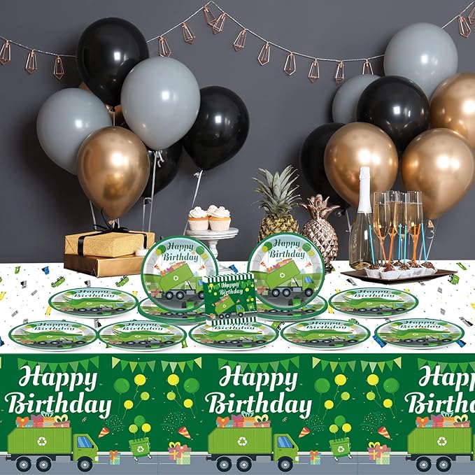 gisgfim Garbage Truck Birthday Party Supplies Trash Trucks Birthday Party Tableware Includes Party Plates Napkins Fork and Garbage Truck Theme Tablecloth for Birthday Parties Decorations Set Serve 20