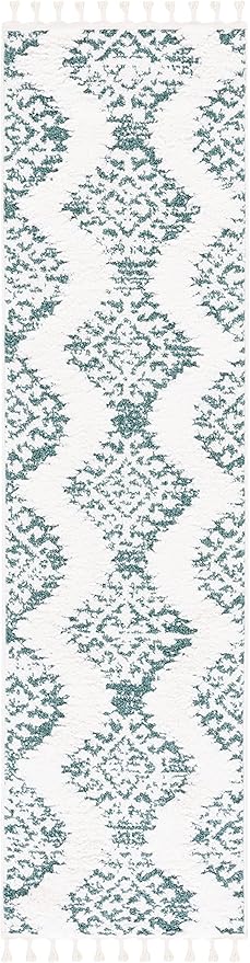 SAFAVIEH Moroccan Tassel Shag Collection Runner Rug - 2'3" x 8', Green & Ivory, Boho Design, Non-Shedding & Easy Care, 2-inch Thick Ideal for High Traffic Areas in Living Room, Bedroom (MTS652Y)