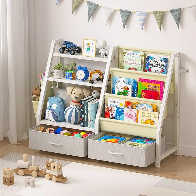 Twinkoo Kids Bookshelf and Toy Organizer, Sturdy 3 Tier Kid Bookcase, Sling Bookshelf and 2 Toy Bins, Toddler Montessori Book Shelf with Toy Storage Organizer for Children Room, Playroom, Nursery