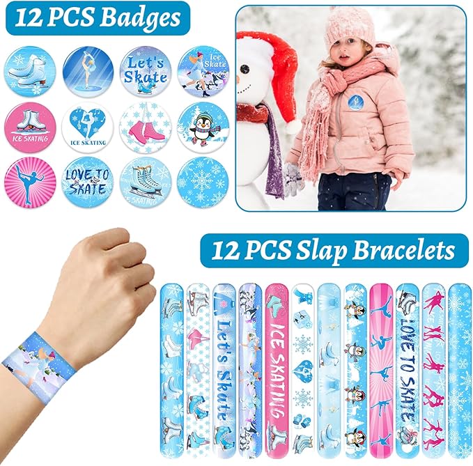110 PCS Ice Skating Skate Party Favors, Winter Ice Skating Skate Stickers Temporary Tattoos Slap Bracelets Keychains Badges Gift Bags Ice Skating Birthday Party Decorations Supplies for Kids