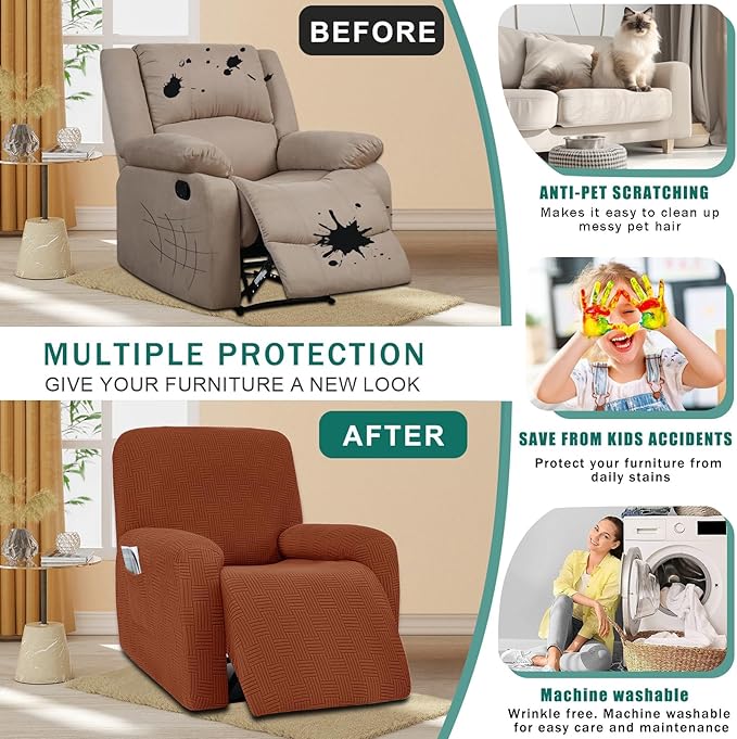 NILUOH Recliner Cover 4 Pieces Stretch Jacquard Recliner Chair Cover with Side Pocket Anti-Slip Fitted Washable Reclining Chair Protector with Elastic Bottom for Kids, Pets, Dogs