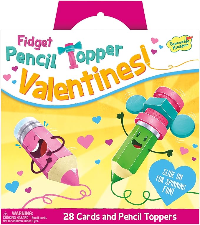Peaceable Kingdom Valentines Cards for Kids Classroom, Set of 28 Valentines Day Gifts - Fidget Spinner Pencil Toppers