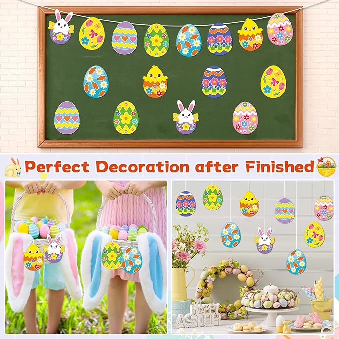 Qyeahkj 32 Set Easter Egg Craft Kit for Kids Easter Bunny Necklaces Beads Ornaments DIY Spring Sticker Arts Crafts Activities Make Your Own Hanging Decor Supplies for Home School Classroom Party Favor