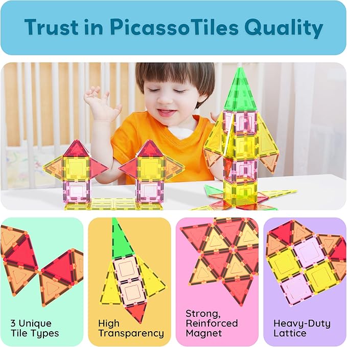 PicassoTiles Magnet Tile Building Block Set Magnetic Construction Square Triangle Tiles Toy Kit Sparking Creativity Geometric Shapes STEM Educational Learning Brain Development Kids Ages 3+ PB12