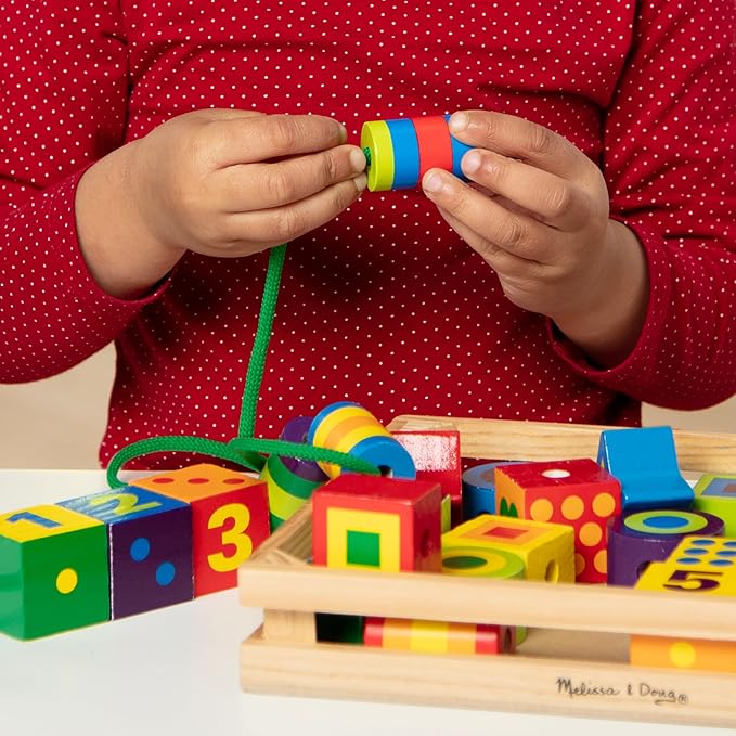 Melissa & Doug Deluxe Wooden Lacing Beads - Educational Activity With 27 Beads and 2 Laces For Toddlers, Fine Motor Skills Lacing Toys For Toddlers And Kids Ages 3+