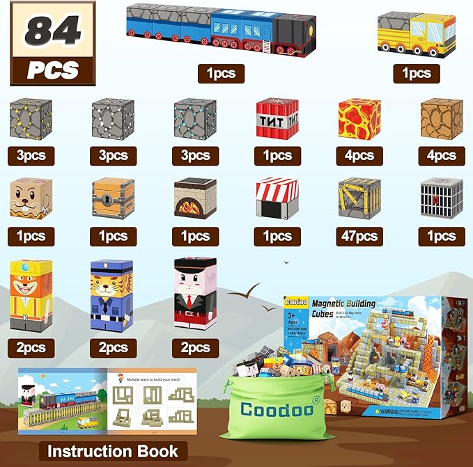 Magnetic Blocks - Build Mine Magnet World Mine Train Track Set, Magnetic Building Blocks Toddler Toys STEM Sensory Outdoor Toys for 3+ Year Old Boys & Girls, Kids Toys for Ages 4-6 6-8 5-7