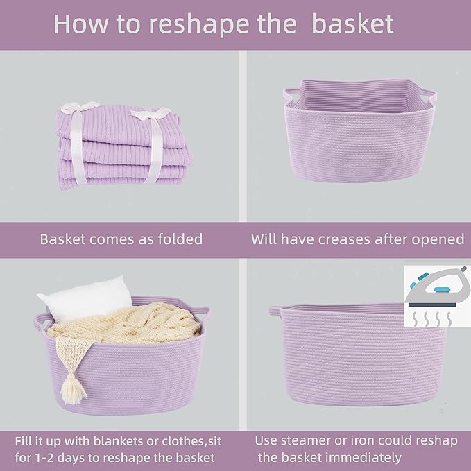 XUANGUO Large Rectangle Blankets Basket Living Room 22"x17"x12" Woven Cotton Rope Storage Baskets for Nursery Toy Basket for Kids Wicker Laundry Baskets Bin for Clothes Towels purple or Lavendor